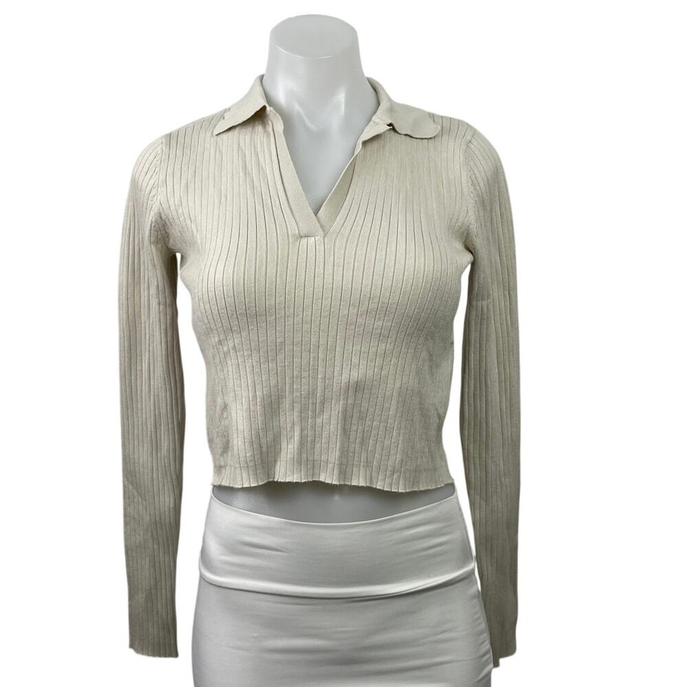 Calvin Klein Jeans White Rib Knit Long Sleeve Collared Sweatshirt Sweater top S